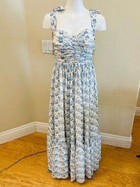 Loson NWT Floral Maxi Dress Small White Light Blue Flowers